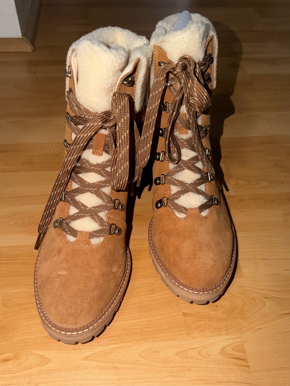 Lands' End Tan Suede Lace-Up Sherpa Ankle Boots